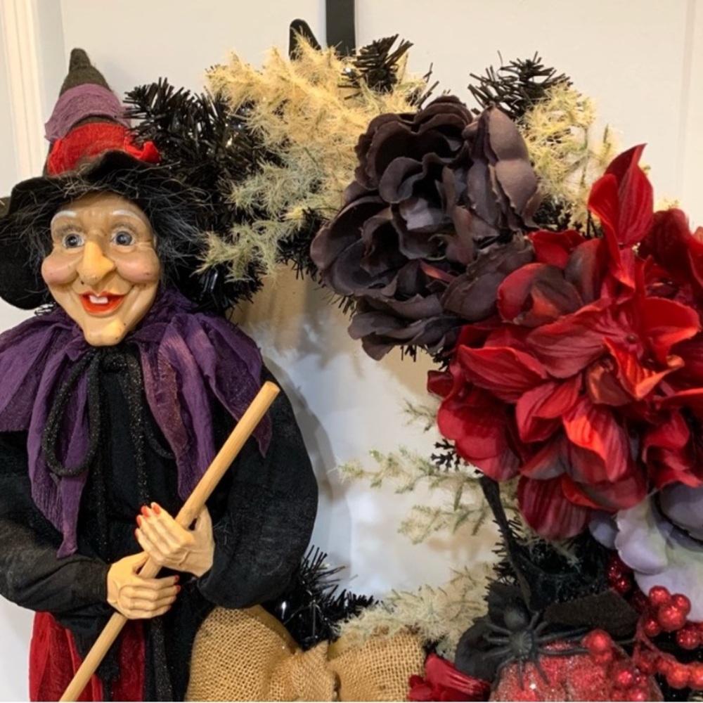 Hand crafted spooky season witch wreath with red and purple floral - Picture 3 of 6